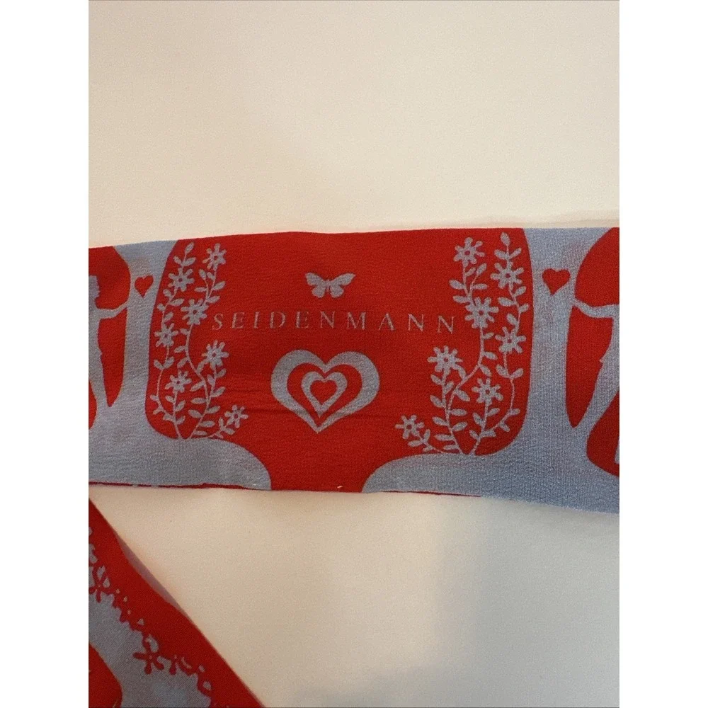 Seidenmann Swiss Silk Scarf - Red & Blue Folk Art Cow & Rooster Motif‎ Twilly